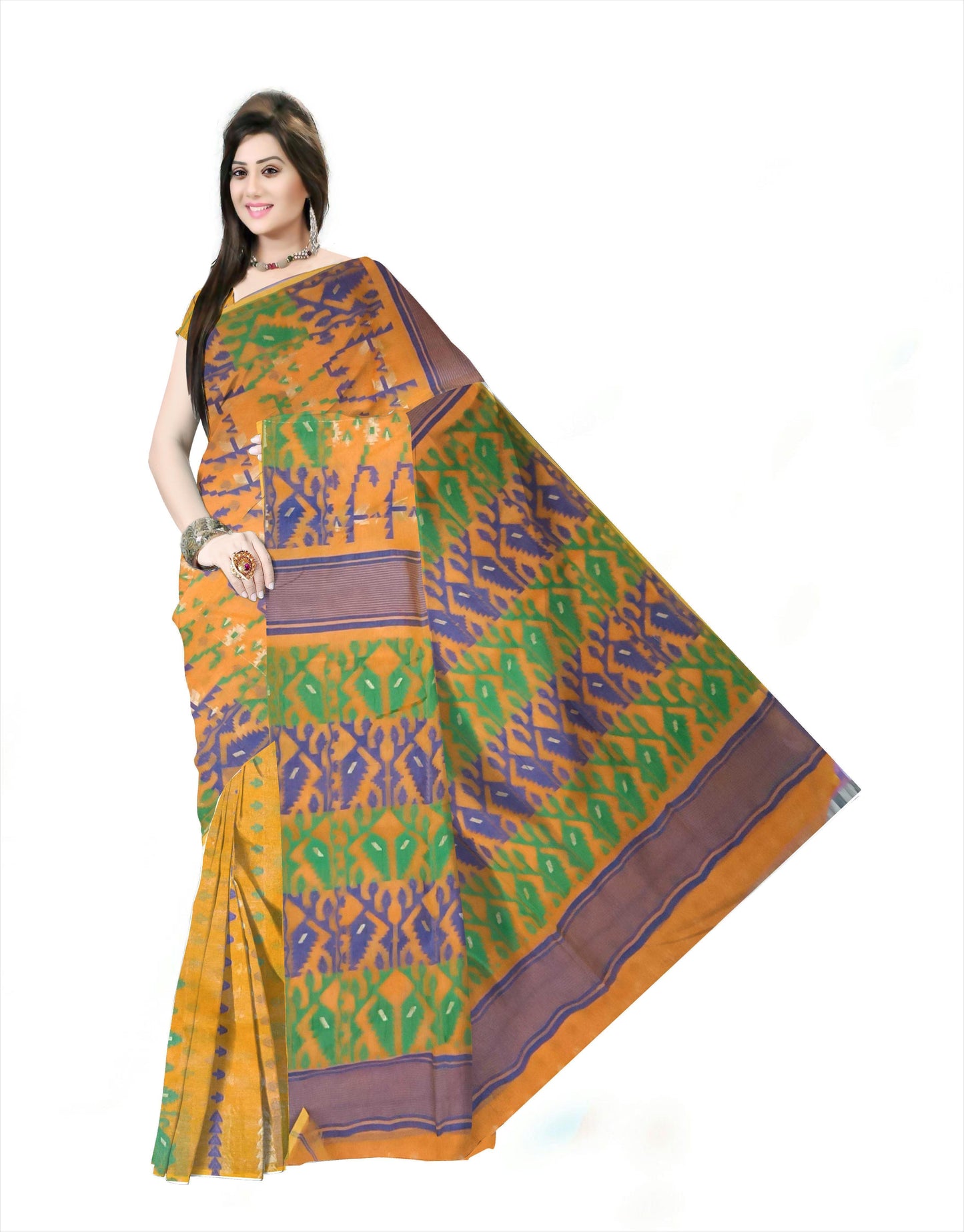 Pradip Fabrics Ethnic Women's Cotton Tant Gap Jamdani Orange Color Saree