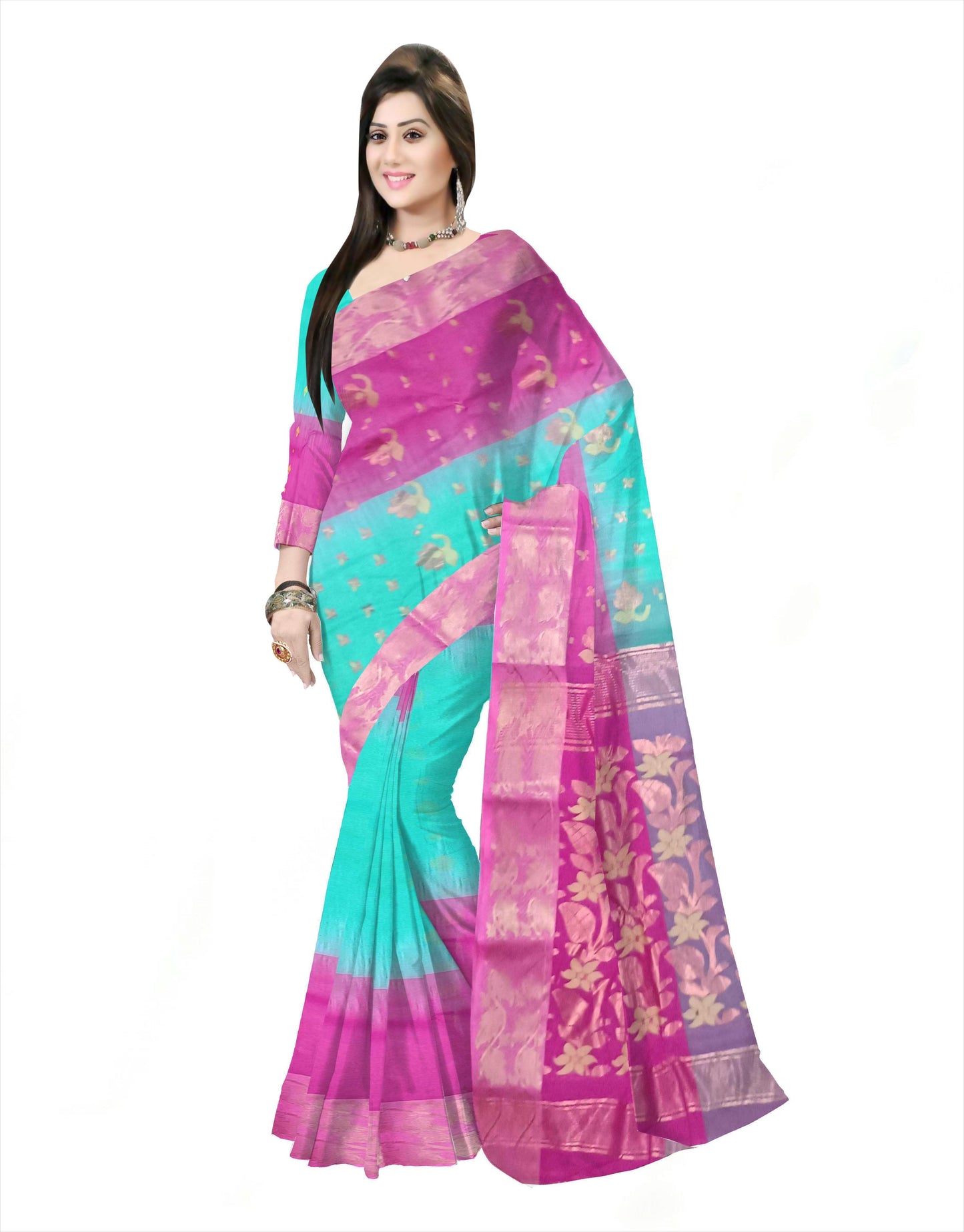 Pradip Fabrics Ethnic Women's Cotton Tant cotton Sea Green & pink Color Saree