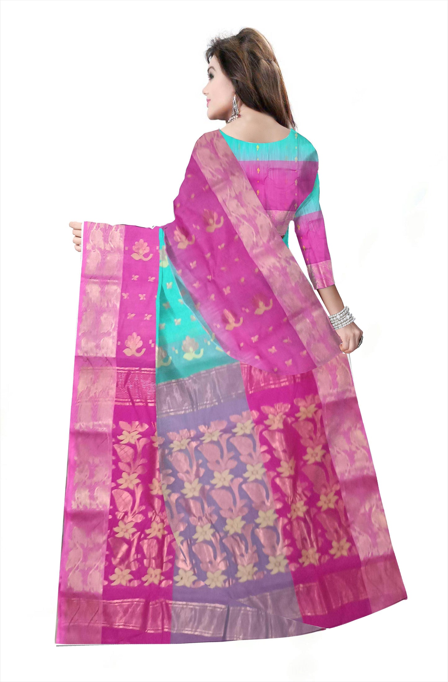 Pradip Fabrics Ethnic Women's Cotton Tant cotton Sea Green & pink Color Saree