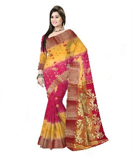 Pradip Fabrics Ethnic Women's Tant Silk Red and Yellow Color Saree
