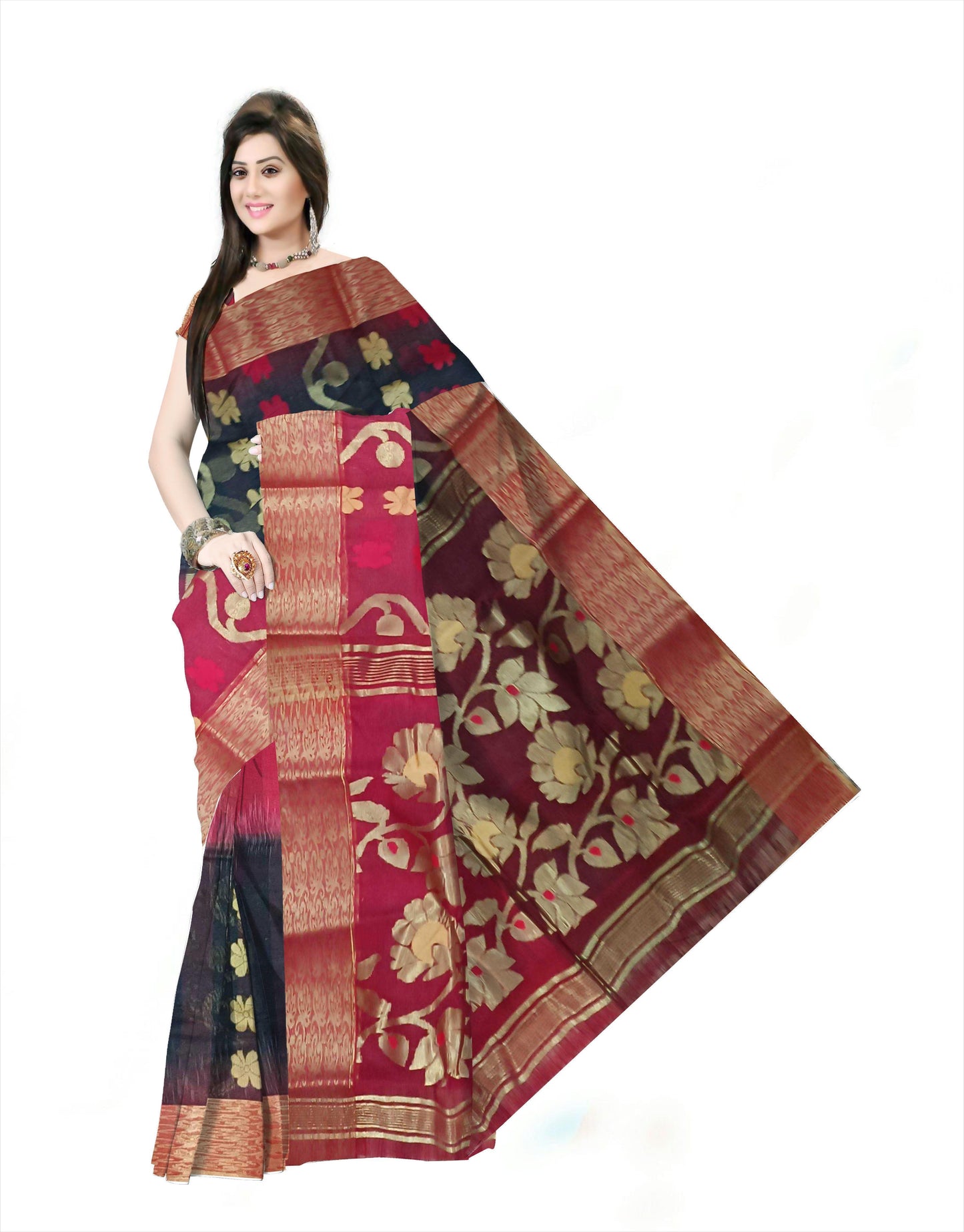 Woven Bollywood Silk Blend Saree  (Red & black )