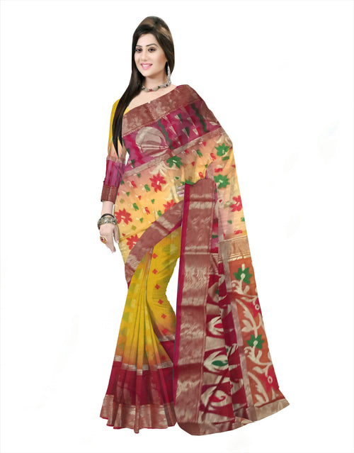 Pradip Fabrics Woven Tant Silk Blend Saree  (Red & Yellow )