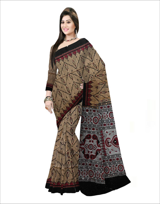 Pradip Fabrics Woven Cream  and Black  Color Pure  Soft Viscous khadi Print  Handloom Saree