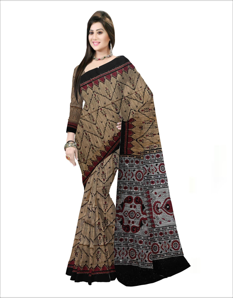 Pradip Fabrics Woven Cream  and Black  Color Pure  Soft Viscous Print  Handloom Saree