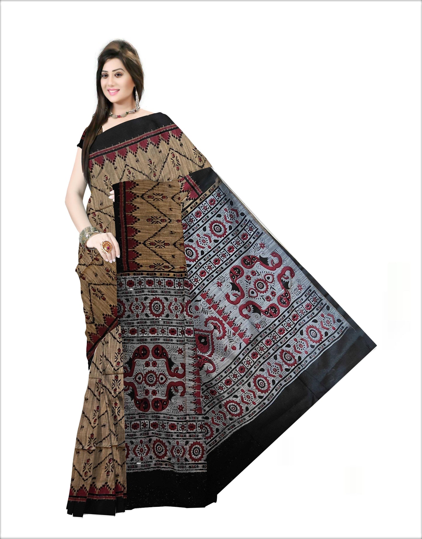 Pradip Fabrics Woven Cream  and Black  Color Pure  Soft Viscous khadi Print  Handloom Saree