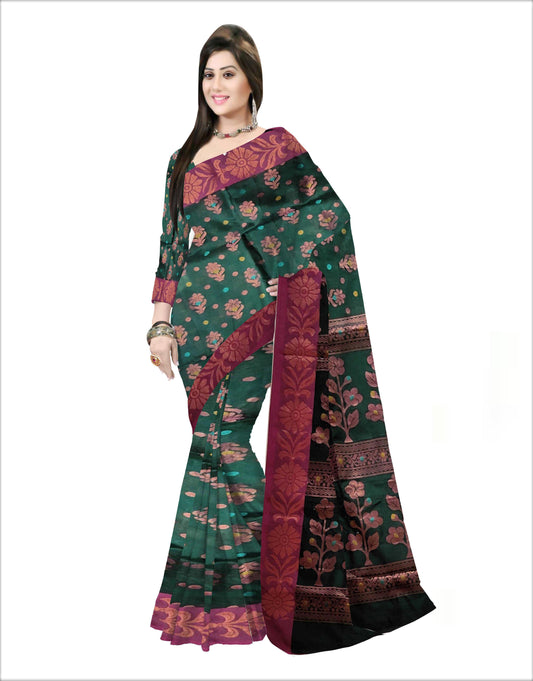 Pradip Fabrics Woven Soft Handloom Dark Green  Color Saree