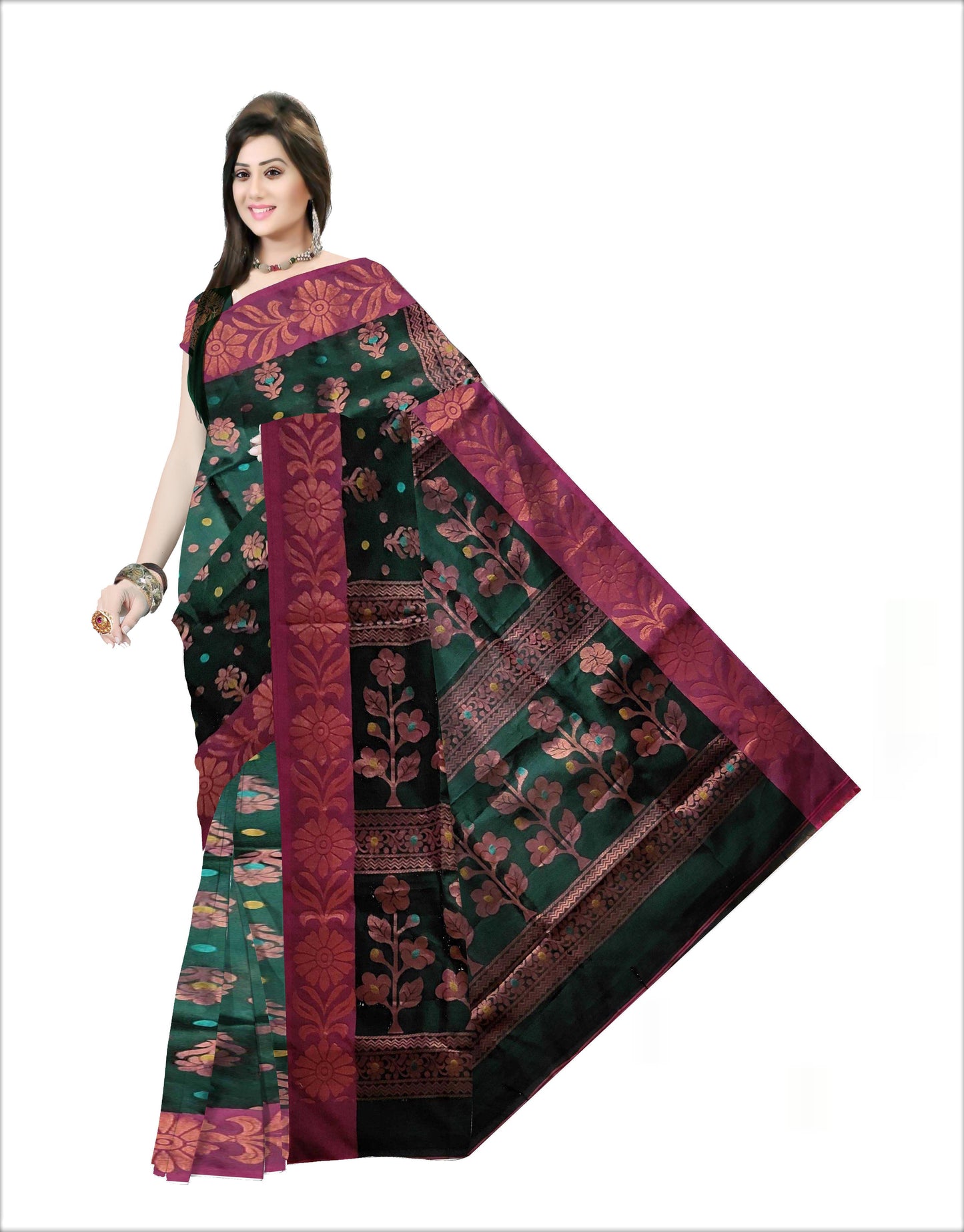 Pradip Fabrics Woven Soft Handloom Dark Green  Color Saree