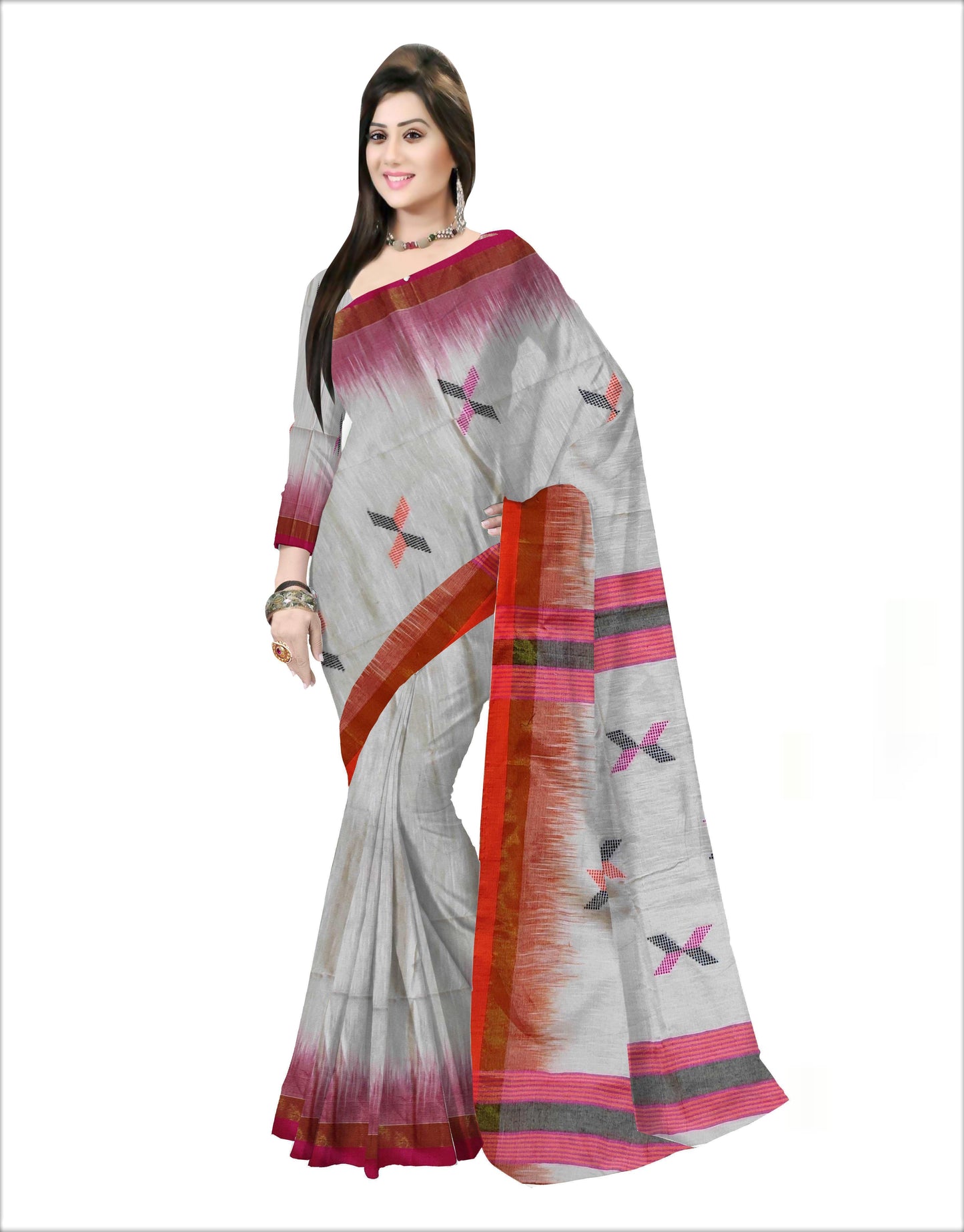 Pradip Fabrics Woven White , pink & Orange color Pure Soft Tissue Handloom Saree