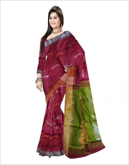 Pradip Fabrics Woven  Maroon & Green color Soft Handloom Saree