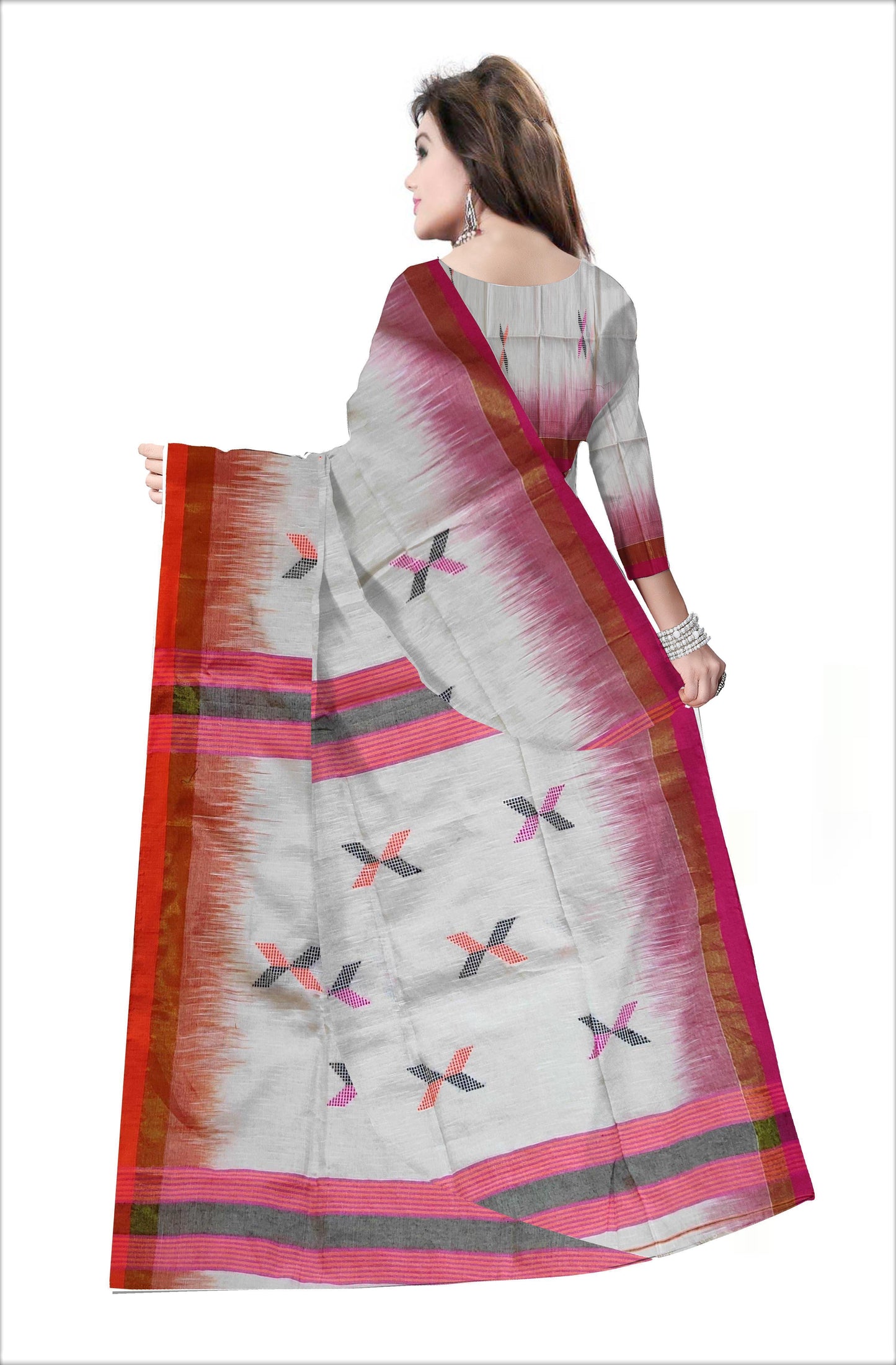 Pradip Fabrics Woven White , pink & Orange color Pure Soft Tissue Handloom Saree