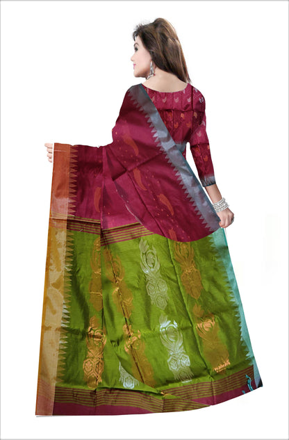 Pradip Fabrics Woven  Maroon & Green color Soft Handloom Saree