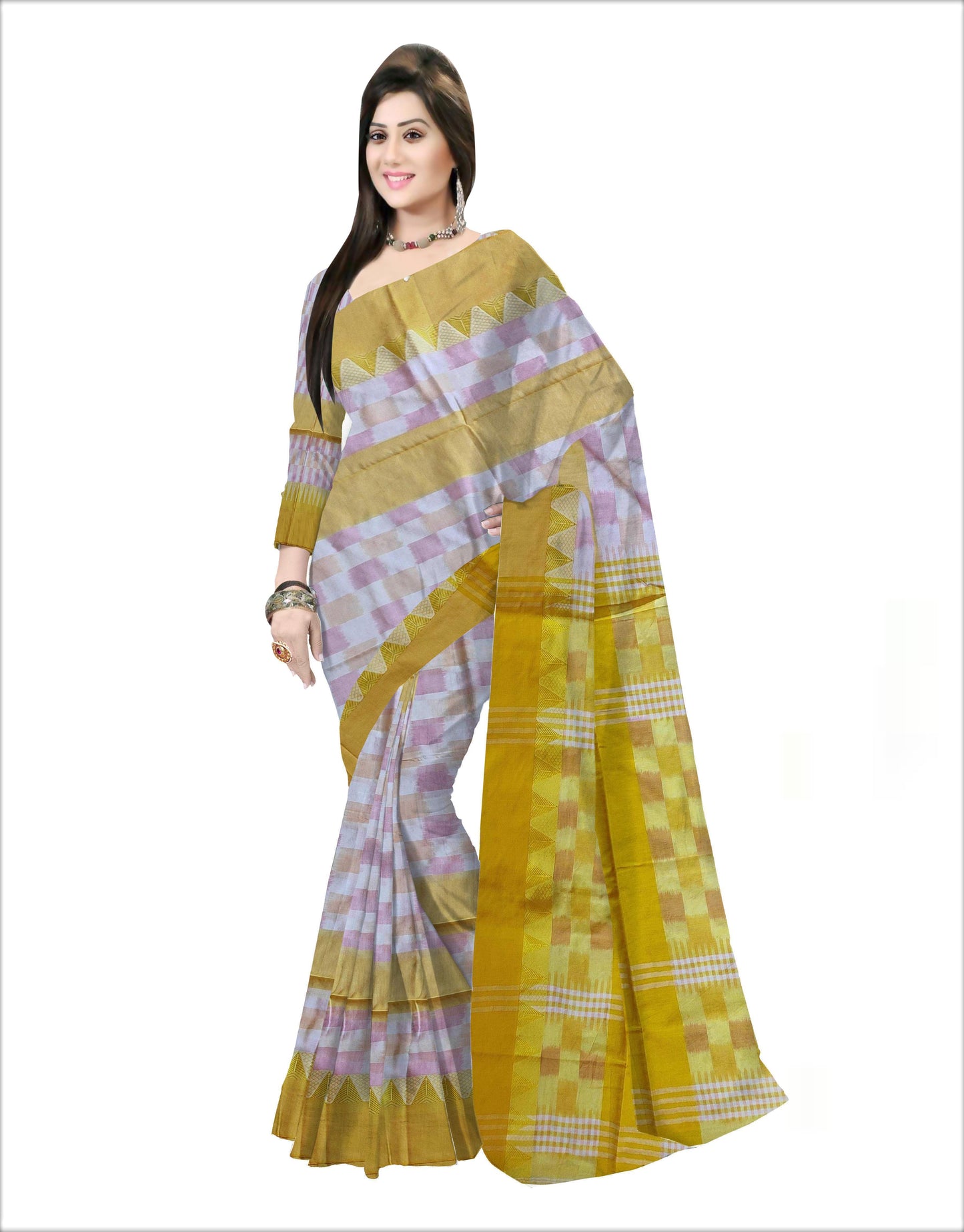 Pradip Fabrics Woven  yellow and White  Color Pure  Soft  Ekkat khadi Print  Saree