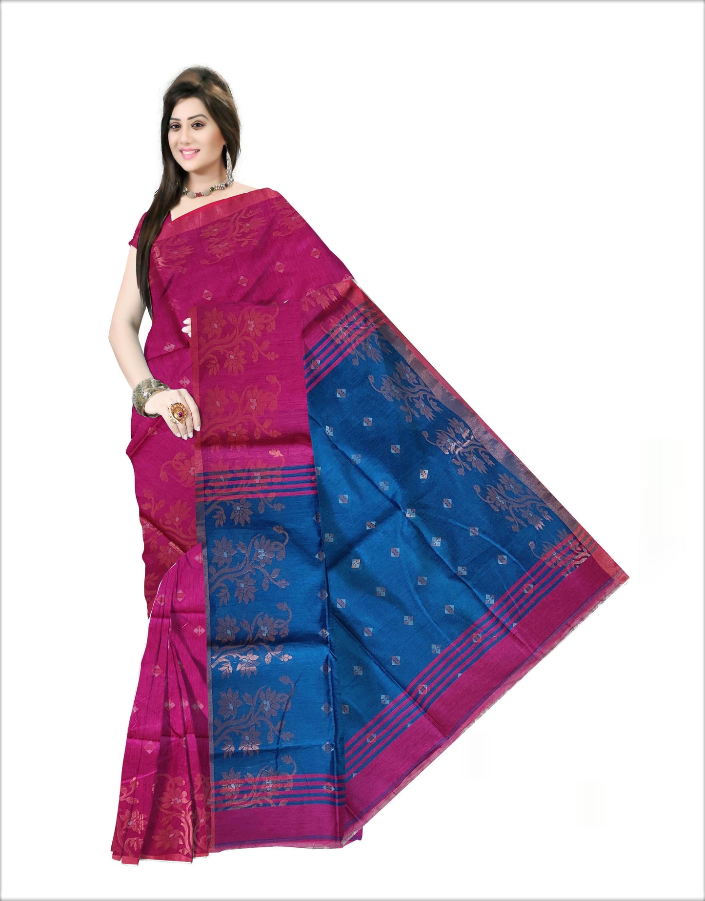 Pradip Fabrics Woven Deep pink & Sky Blue color Pure Soft Handloom Saree