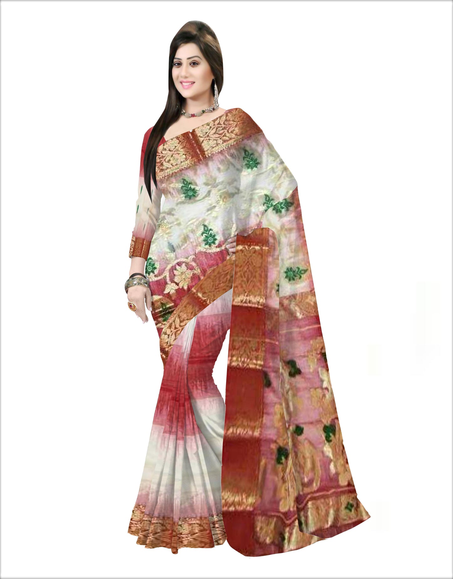 Pradip Fabrics Ethnic Women's Tant Silk Red and White Color Saree