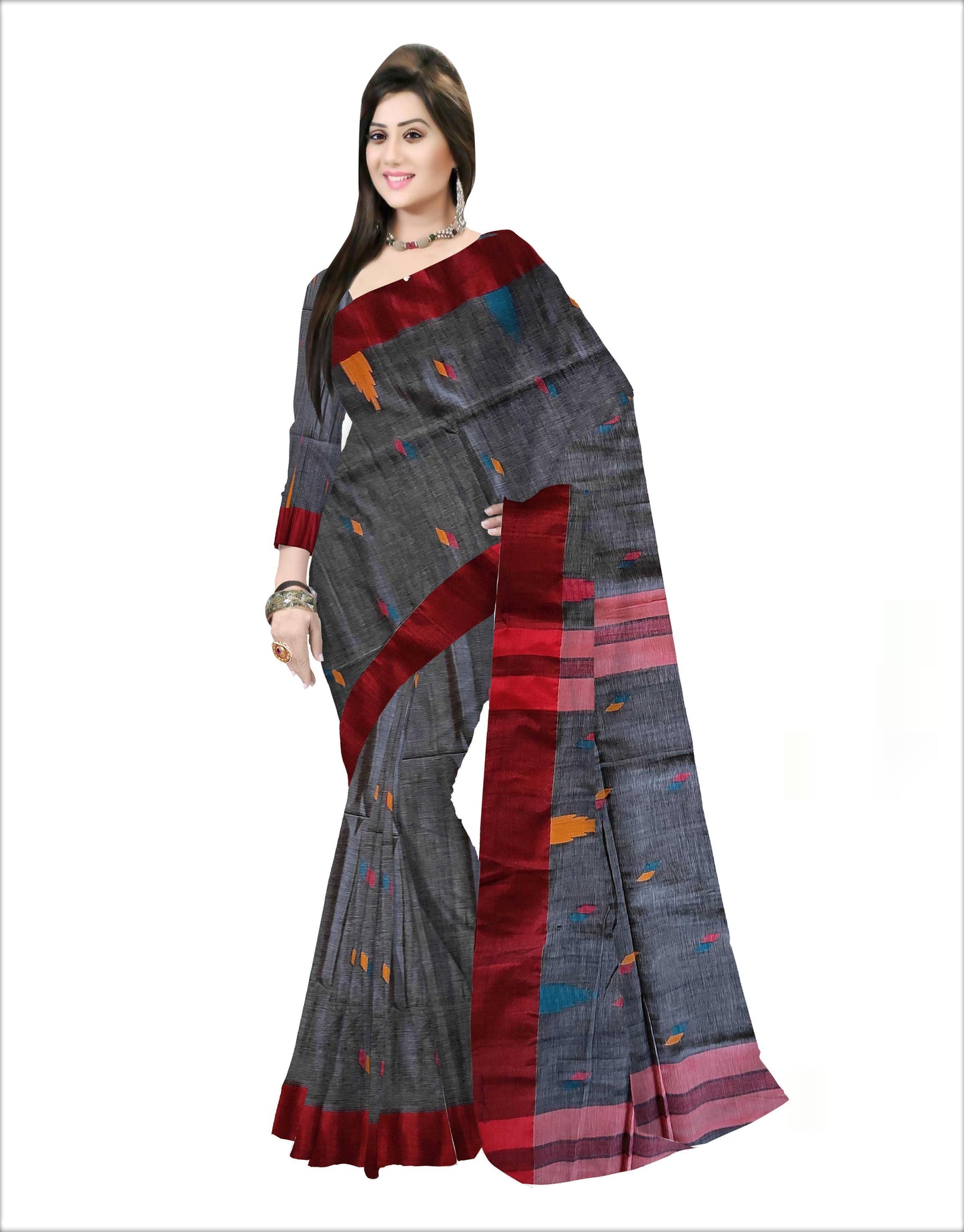 Pradip Fabrics Woven Soft Pur Cotton  Handloom Grey & Red Color Saree