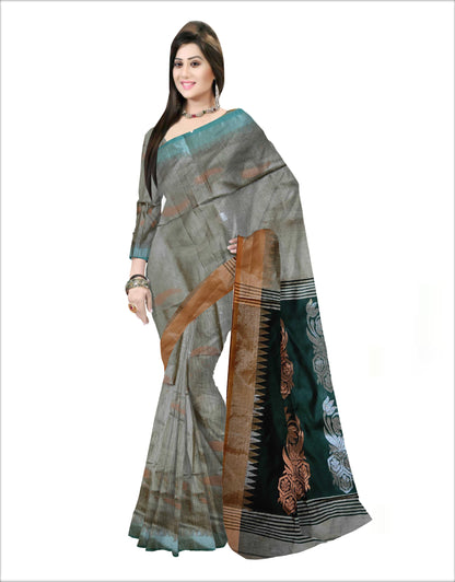 Pradip Fabrics Woven Grey & Deep Green color Pure Cotton Soft Handloom Saree