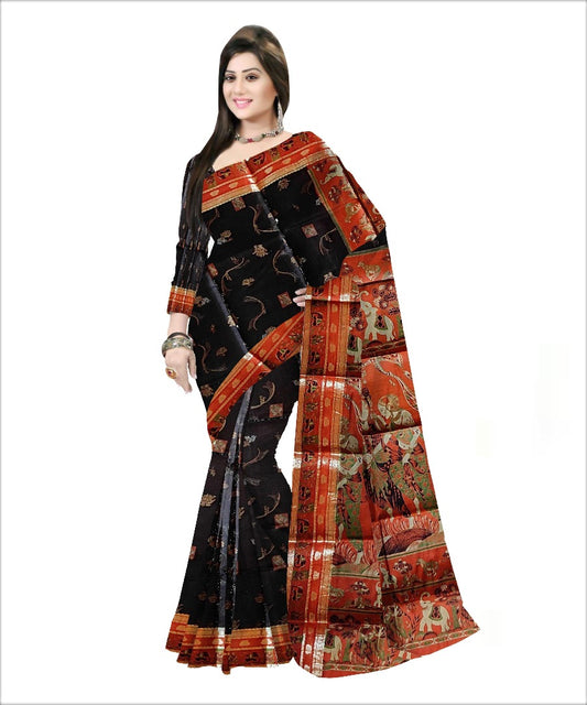 Pradip Fabrics Woven Black and Orange Color Pure Silk Saree