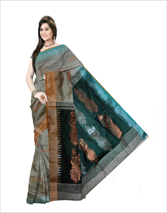 Pradip Fabrics Woven Grey & Deep Green color Pure Cotton Soft Handloom Saree