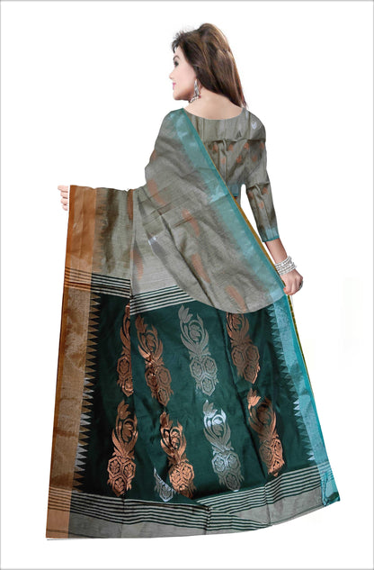 Pradip Fabrics Woven Grey & Deep Green color Pure Cotton Soft Handloom Saree