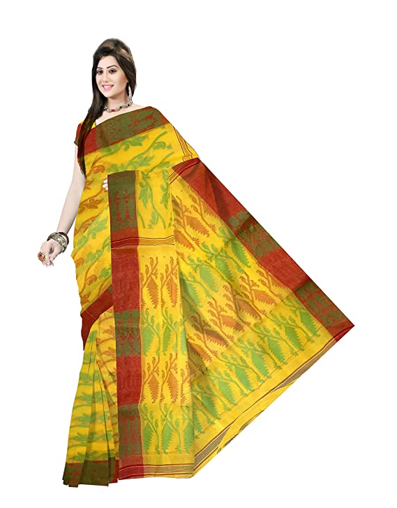 Pradip Fabrics Woven Tant Cotton All Over Dhakai Jamdani Yellow Saree