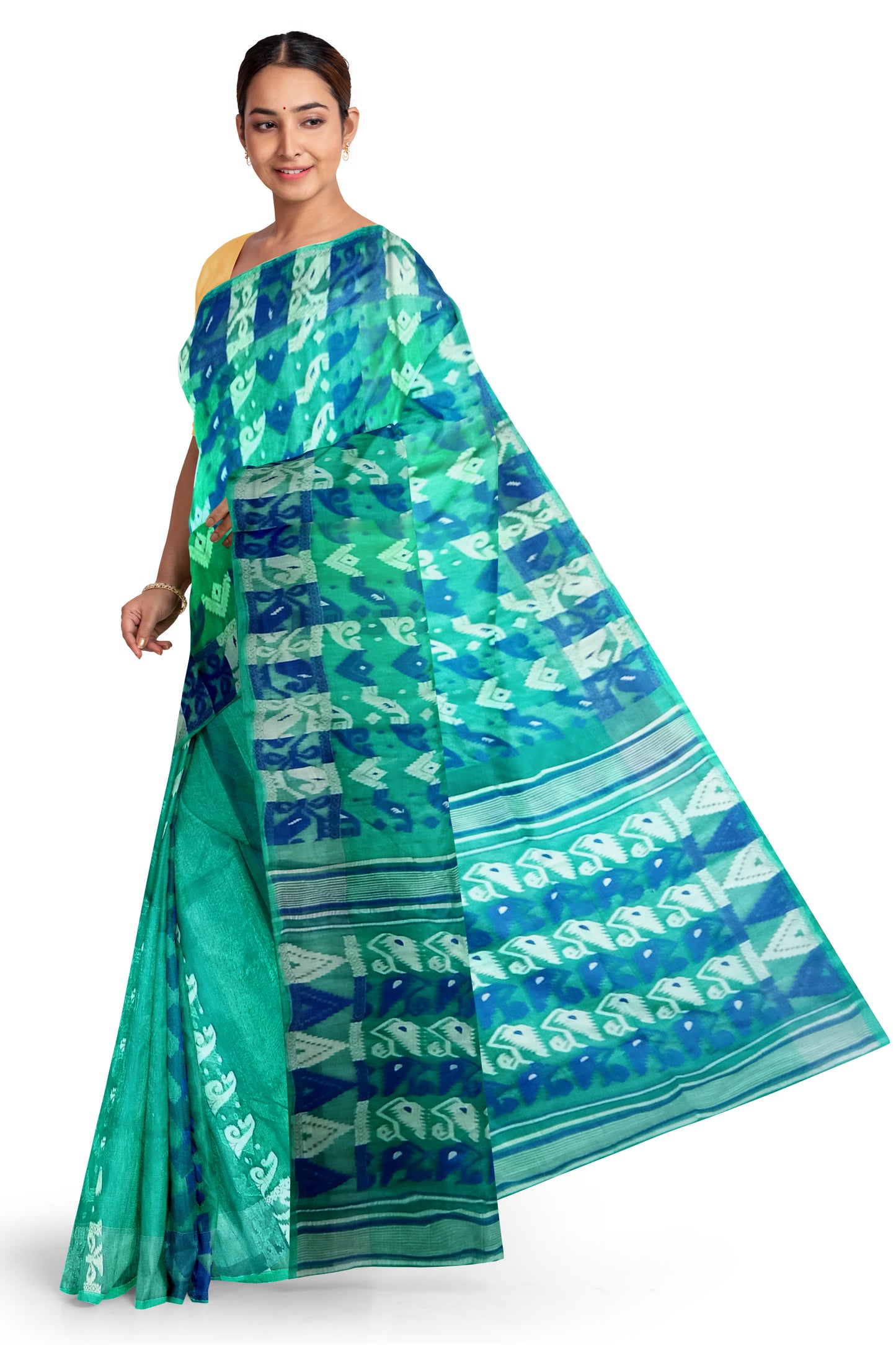 Pradip Fabrics Ethnic Women's Tant Silk Jamdani Aqua and Blue Color Saree