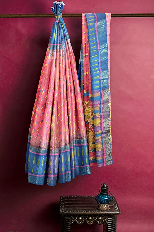 Pradip Fabrics Ethnic Women's All over Tant Jamdani Blue and Pink Color Saree
