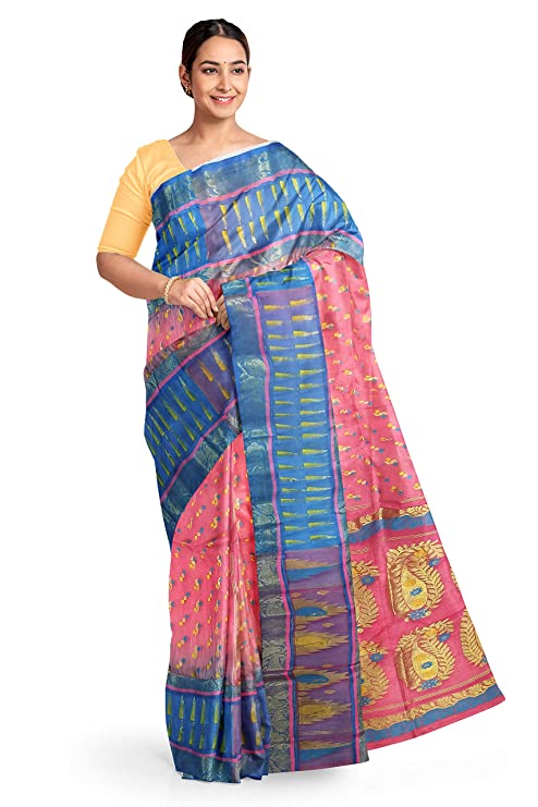 Pradip Fabrics Ethnic Women's All over Tant Jamdani Blue and Pink Color Saree