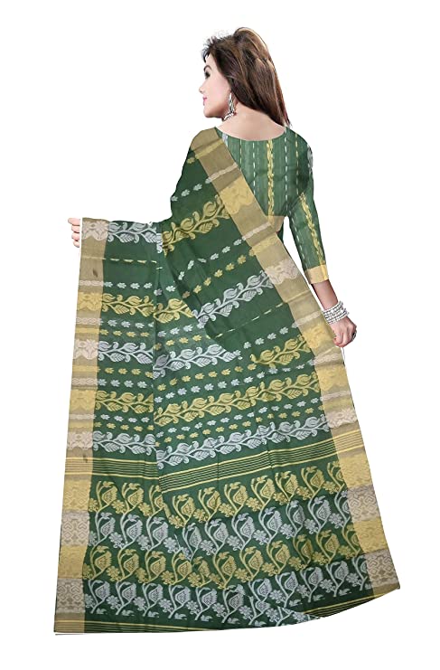 Pradip Fabrics Woven Tant Cotton All Over Dhakai Jamdani Green Saree