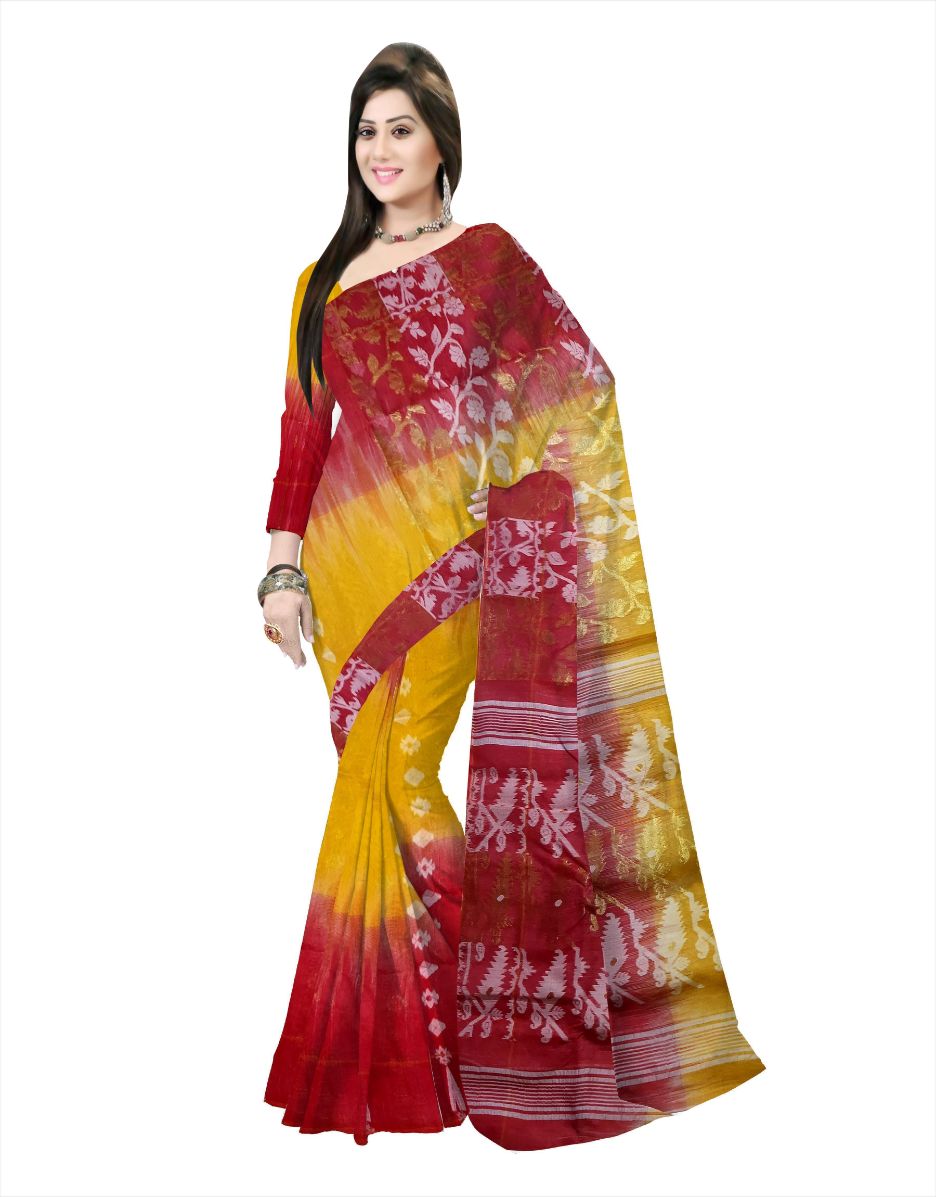 Pradip Fabrics Ethnic Women's Cotton Tant Gap Jamani Red and Yellow Color Saree