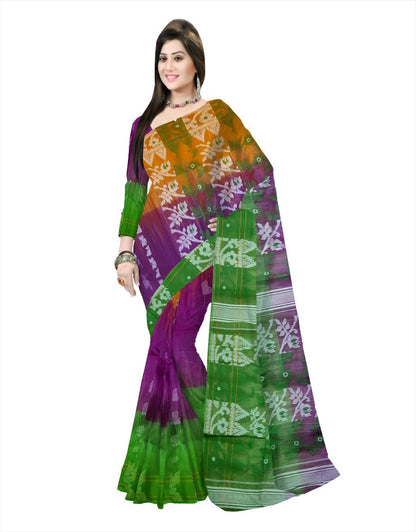 Pradip Fabrics Ethnic Women's Cotton Tant Gap Jamdani Green,Orange,and Blue Color Sareeen,Orange,an