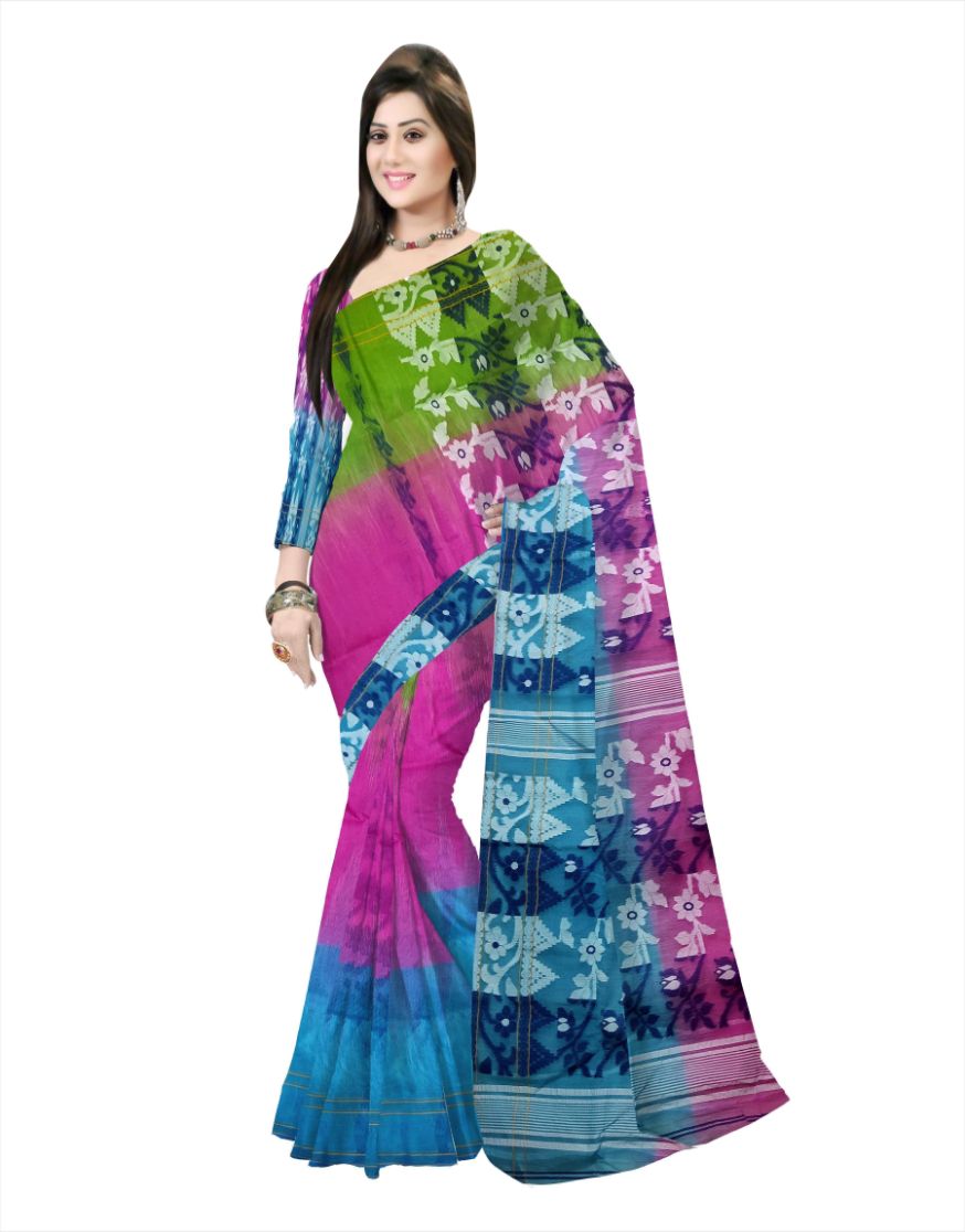 Pradip Fabrics Ethnic Women's Cotton Tant Gap Jamdani Green,Orange,and Blue Color Sareeen,Orange,an