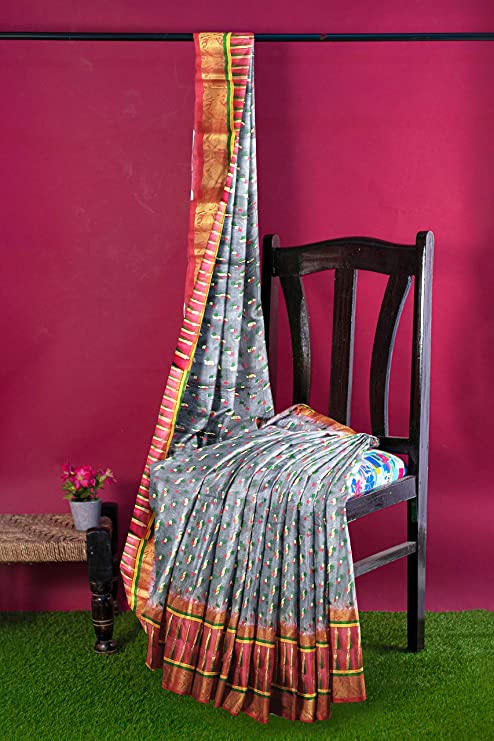 Pradip Fabrics Ethnic Women's All over Tant Ash and Red Color Tant Benarasi Saree