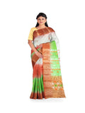 Pradip Fabrics Ethnic Women's Tant Silk White, Red, and Green Sare