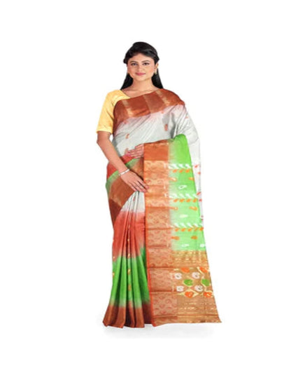 Pradip Fabrics Ethnic Women's Tant Silk White, Red, and Green Sare
