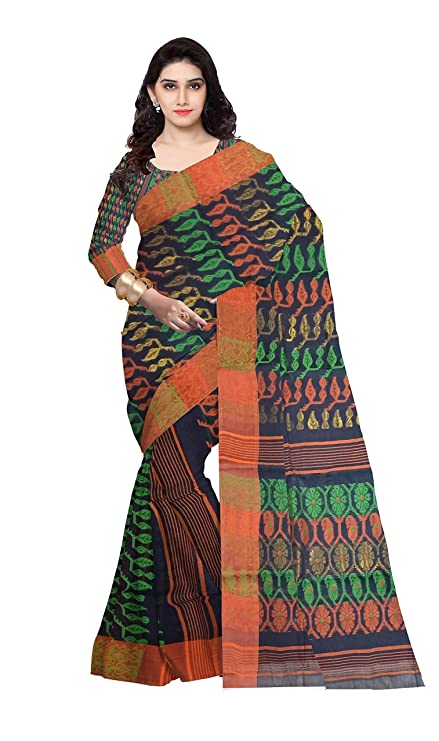 Pradip Fabrics Woven Tant Cotton All Over Dhakai Jamdani Black Saree