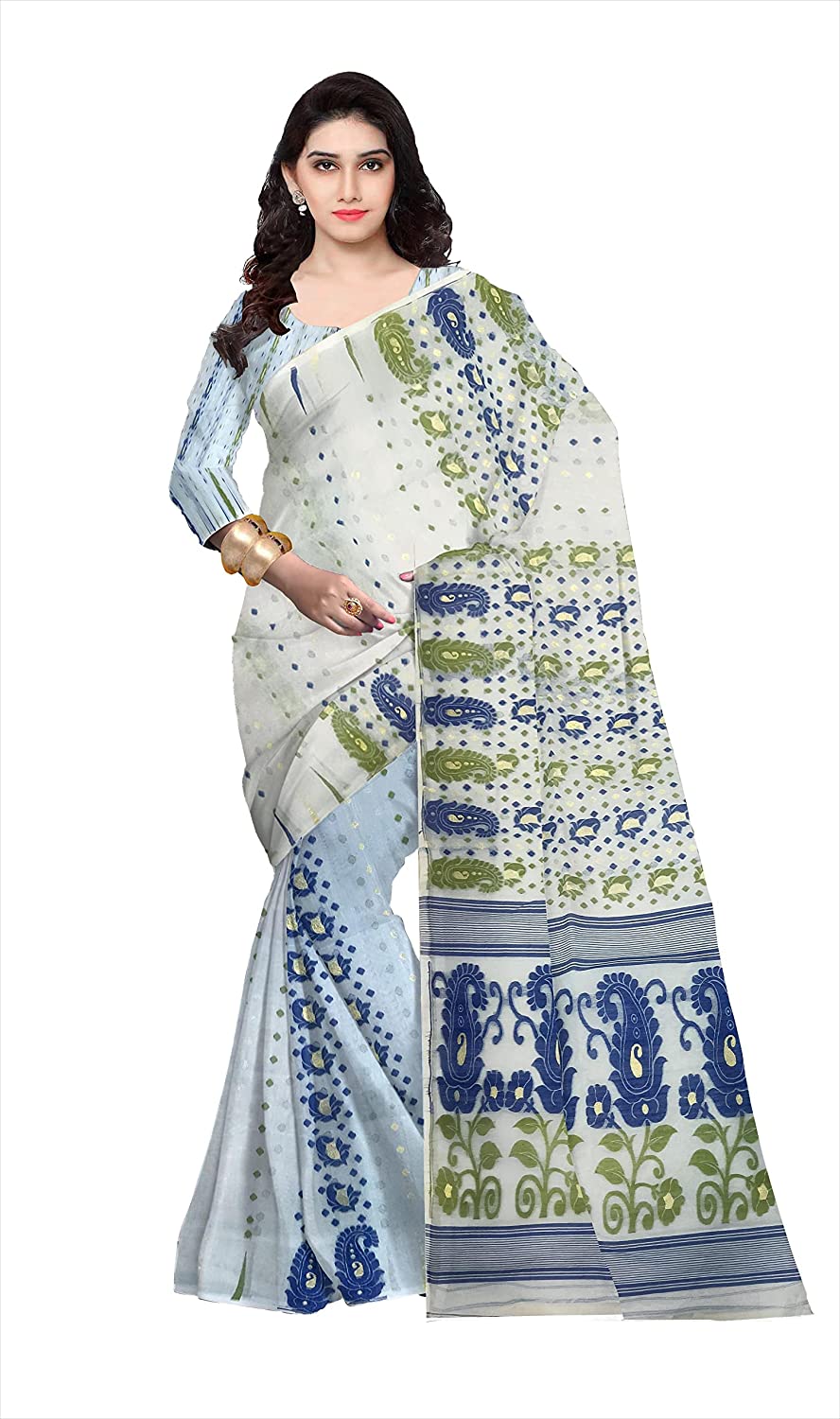 Pradip Fabrics Ethnic Women's Tant All Over Off-white Soft Dhakai Jamdani Saree