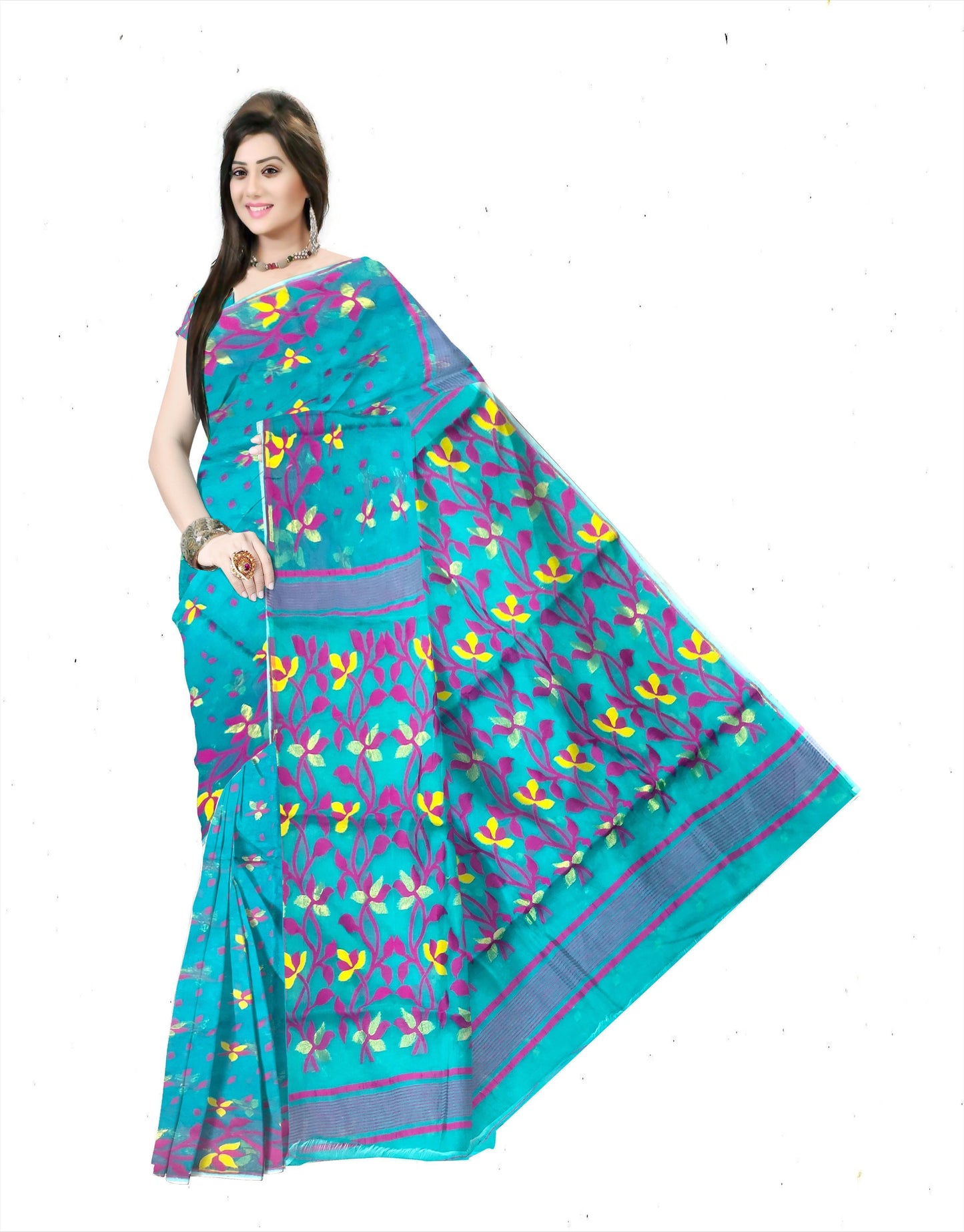 Pradip Fabrics Ethnic Women's Tant All Over Purple & White Soft Dhakai Jamdani Saree