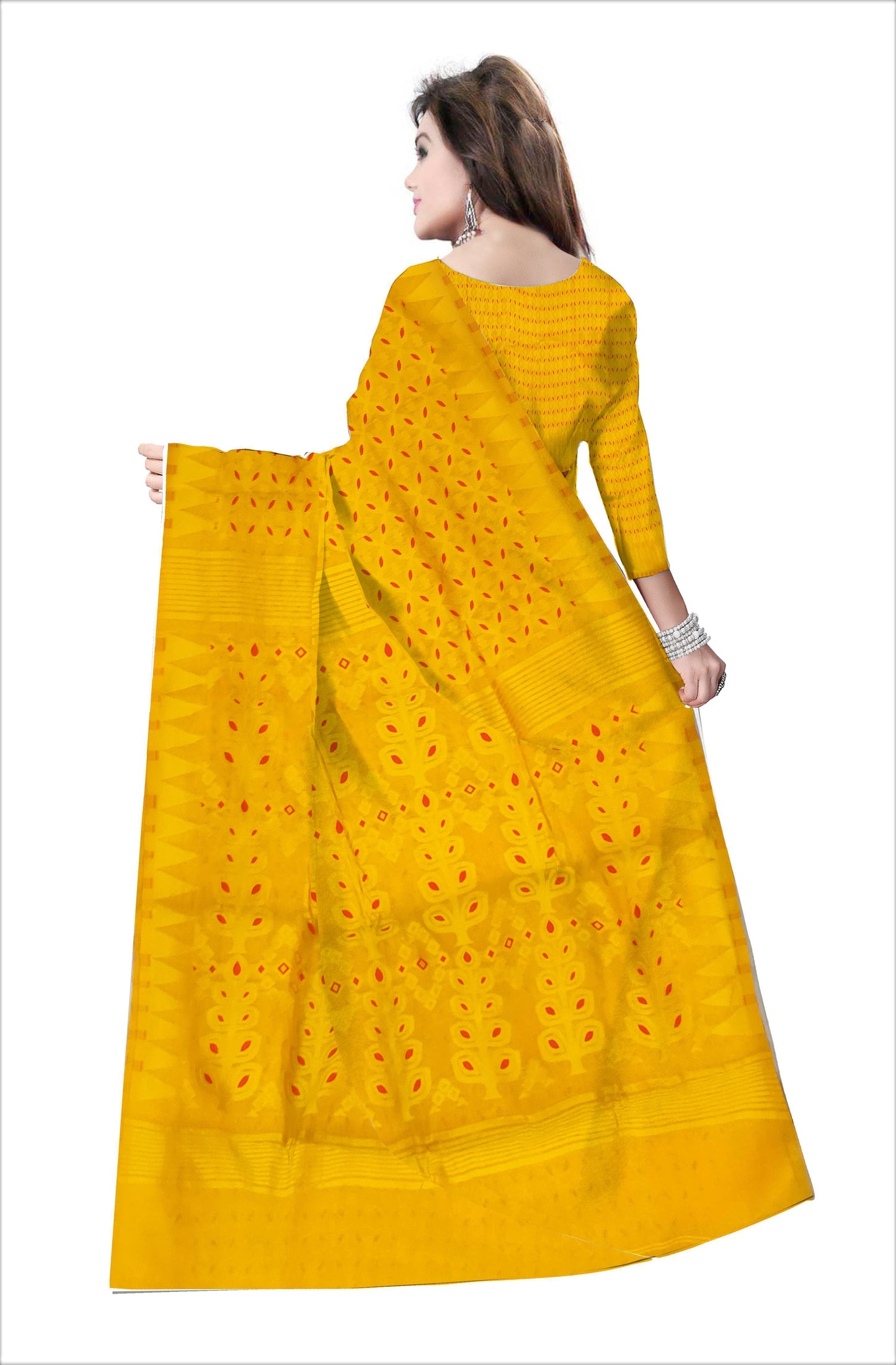 Pradip Fabrics Ethnic Women's Tant All Over Yellow Dhakai Jamdani Minakari Saree