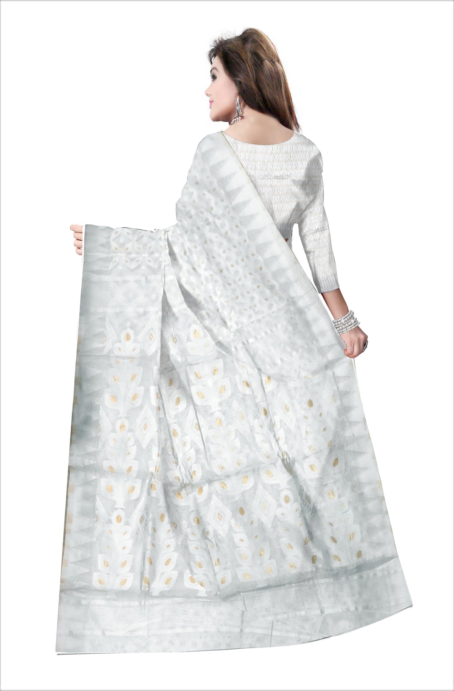 Pradip Fabrics Ethnic Women's Tant All Over White Dhakai Jamdani Minakari Saree