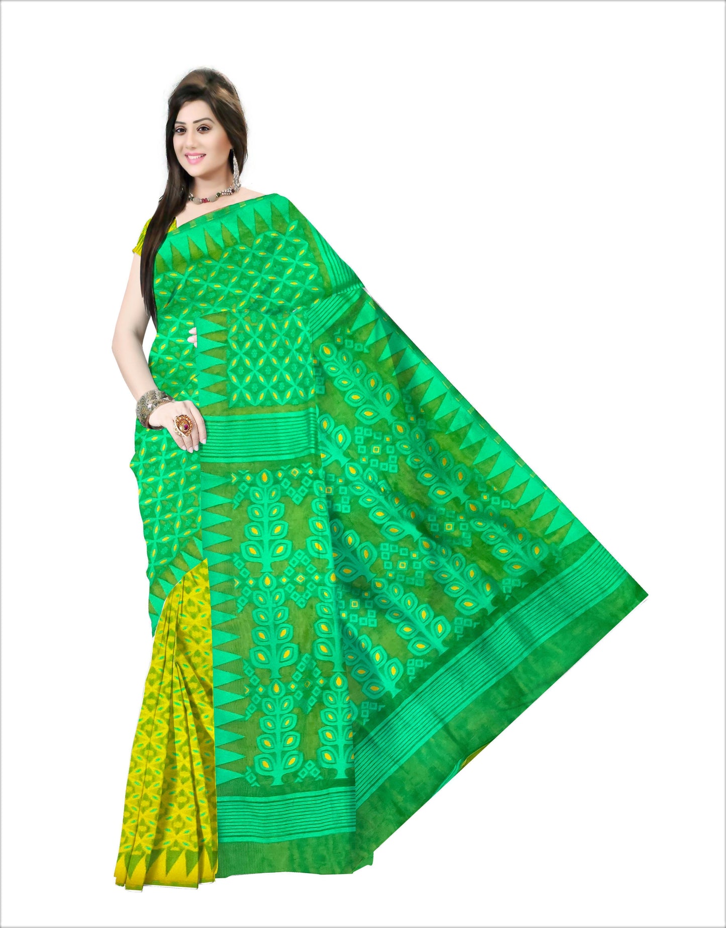Pradip Fabrics Ethnic Women's Tant All Over Green and Yellow Dhakai Jamdani Minakari Saree