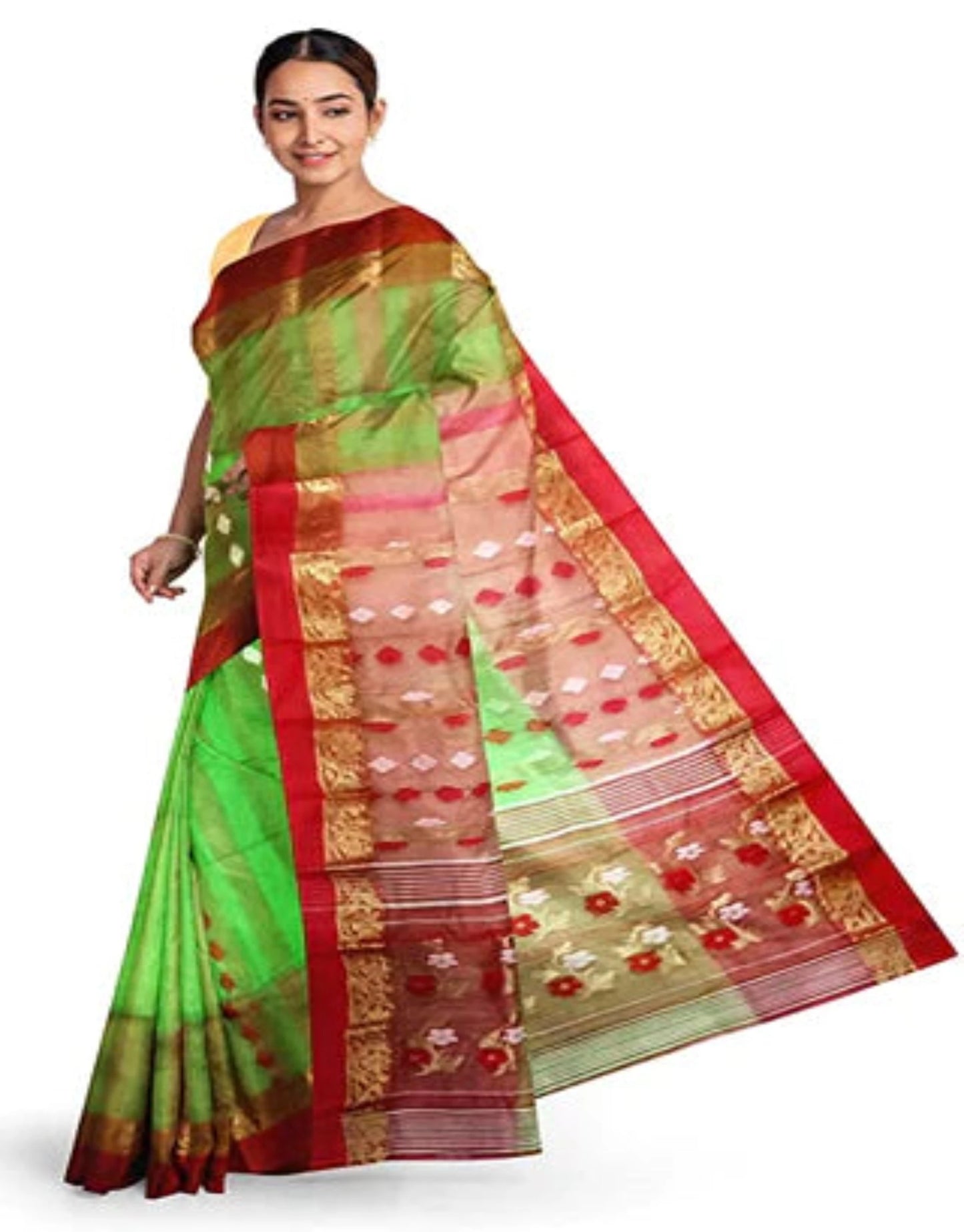 Pradip Fabrics Ethnic Women's Tant Silk Green and Red Color Baluchuri Saree