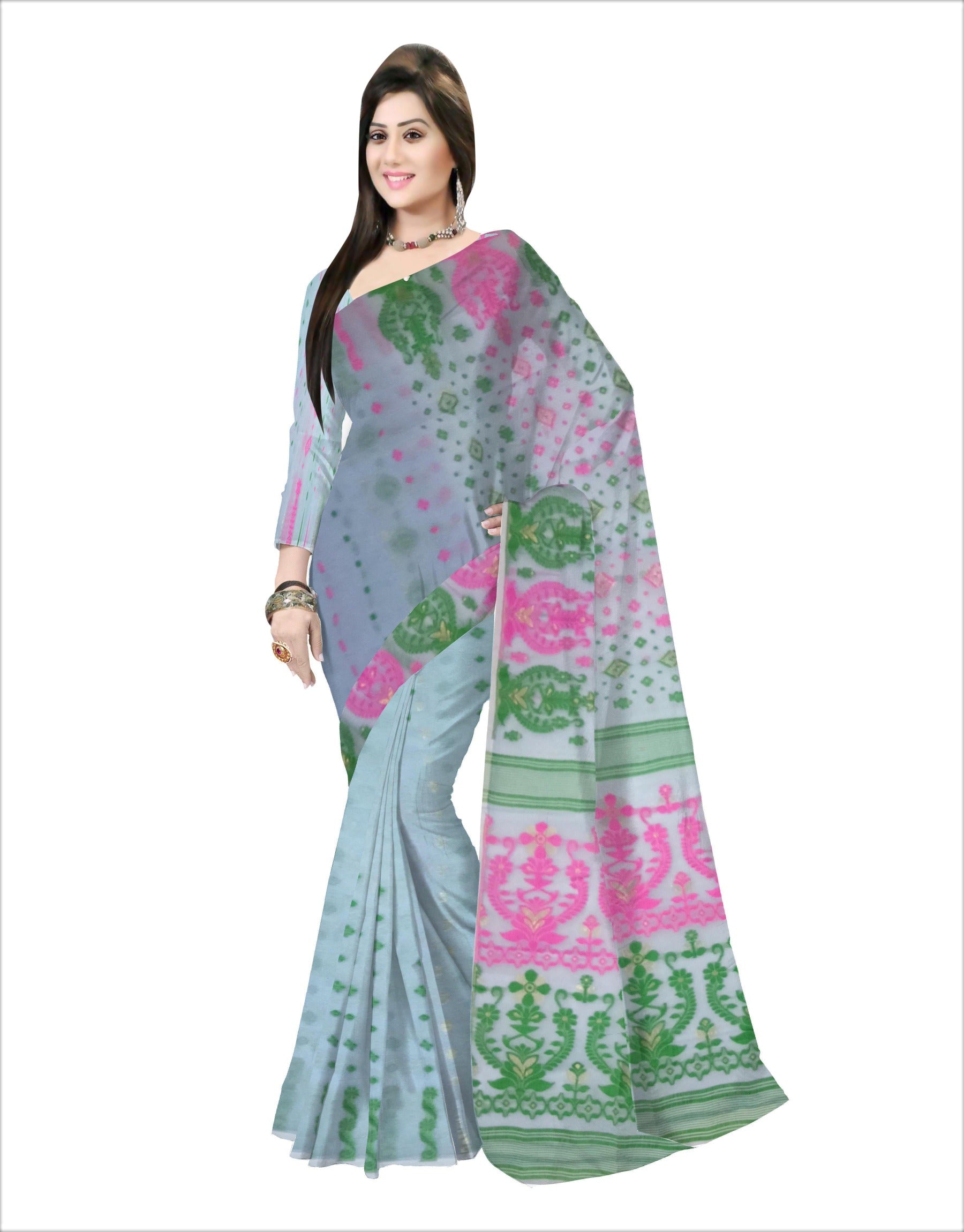 white pink greeen color saree