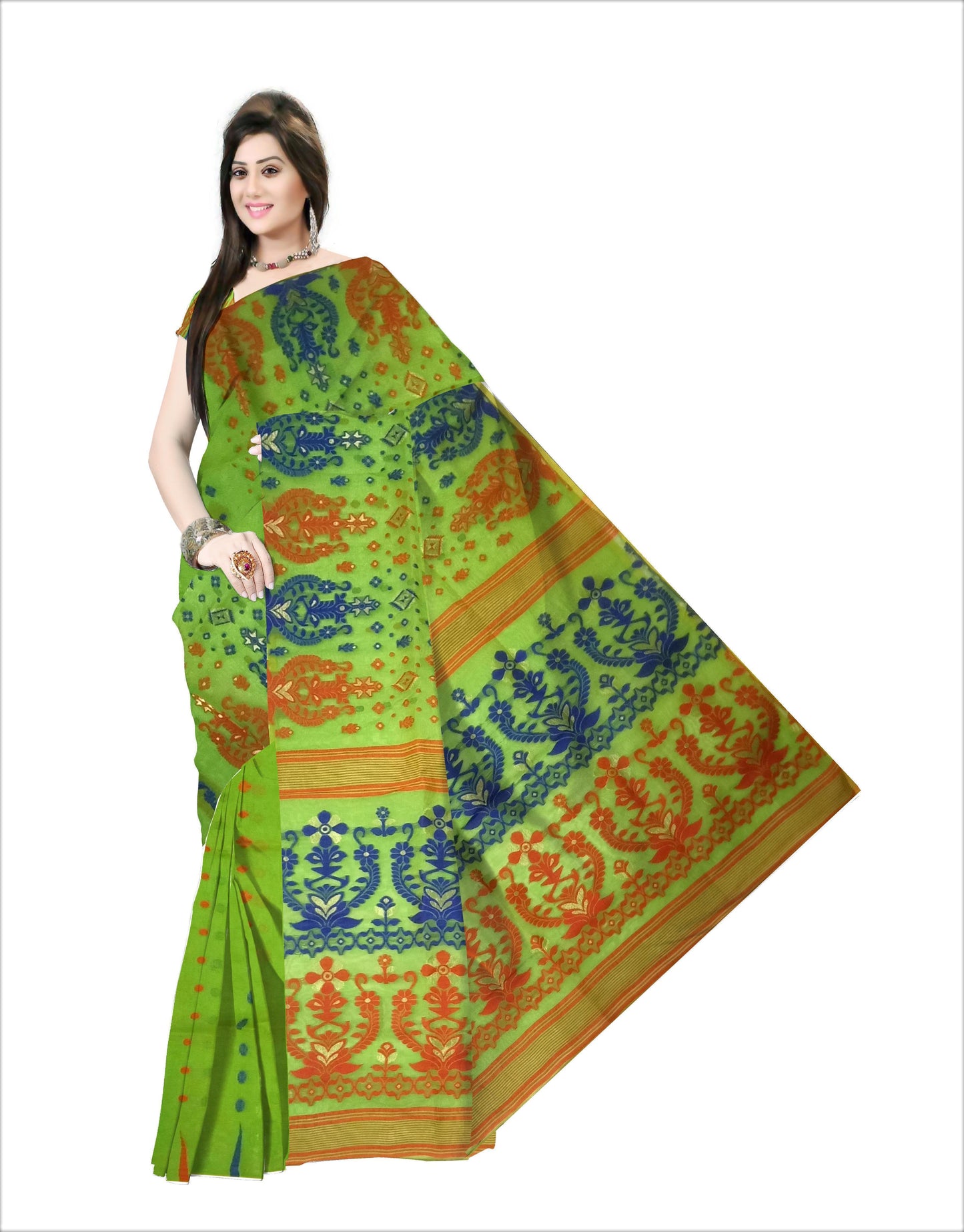 Pradip Fabrics Ethnic Woman's Tant Dhakai Jamdani Green Color Saree
