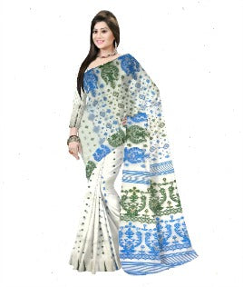 white blue green jamdani saree