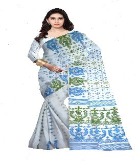 White with Azure blue border Jamdani Saree – Prithas