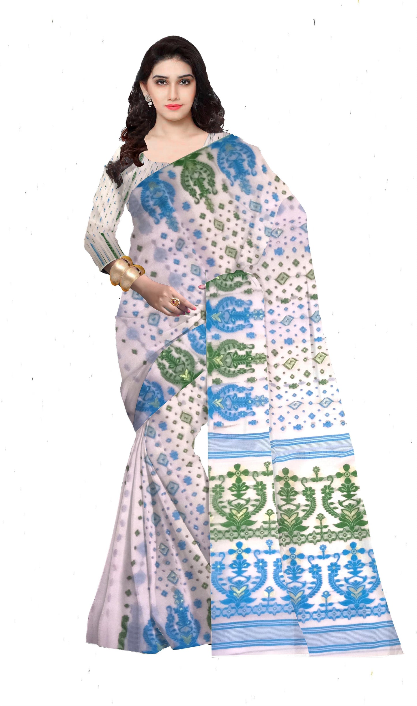 Pradip Fabrics Ethnic Woman's Tant All Over Dhakai off White Color Saree