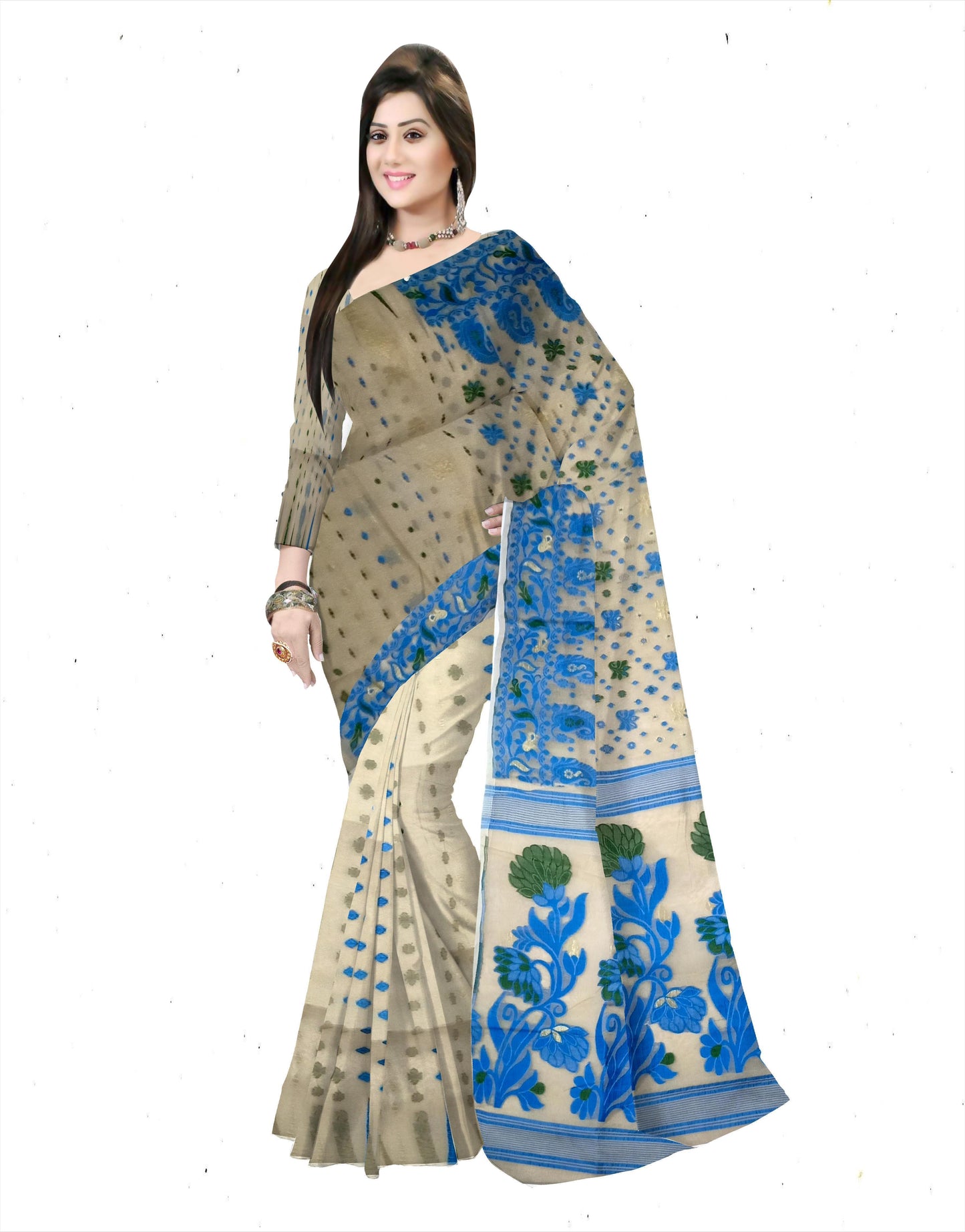Pradip Fabrics Ethnic Woman's Tant Dhakai Jamdani Brown and Blue Color Saree
