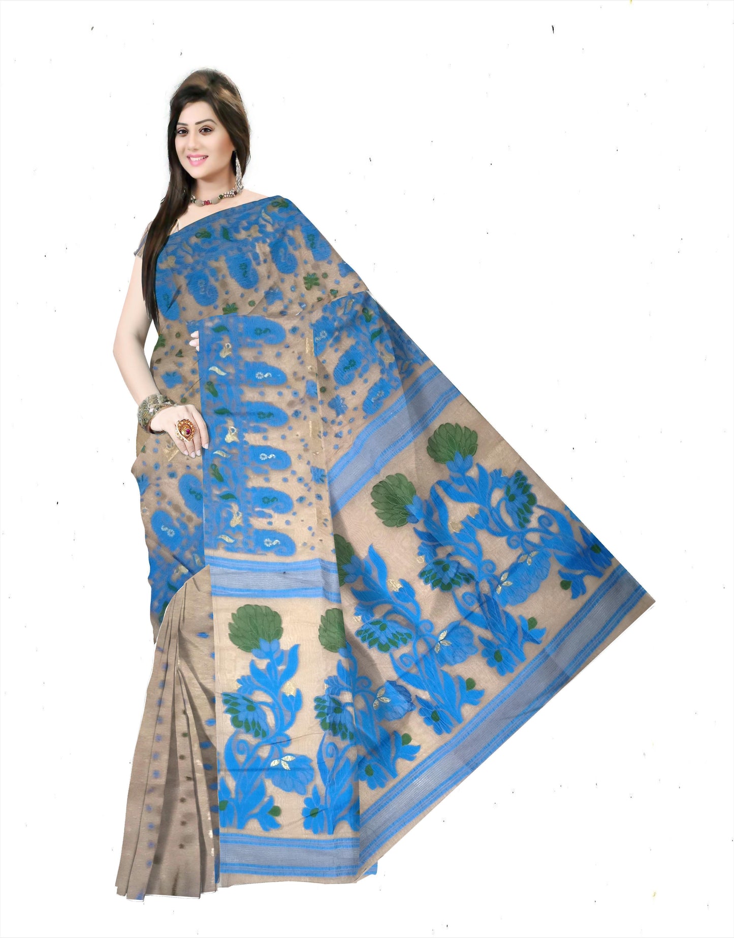 brown blue all over dhakai jamdani tant saree