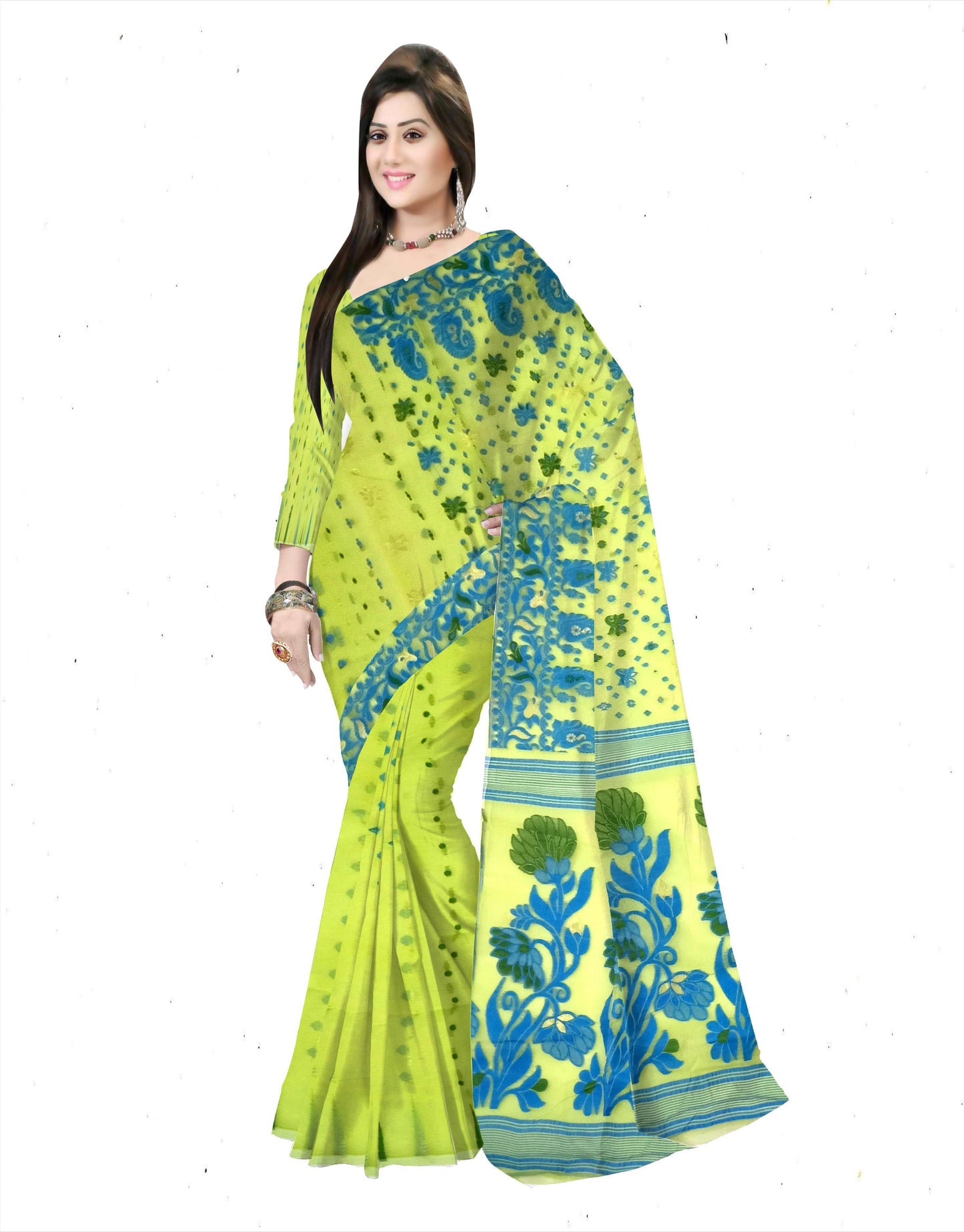 Pradip Fabrics Ethnic Woman's Tant Dhakai Jamdani Brown and Blue Color Saree