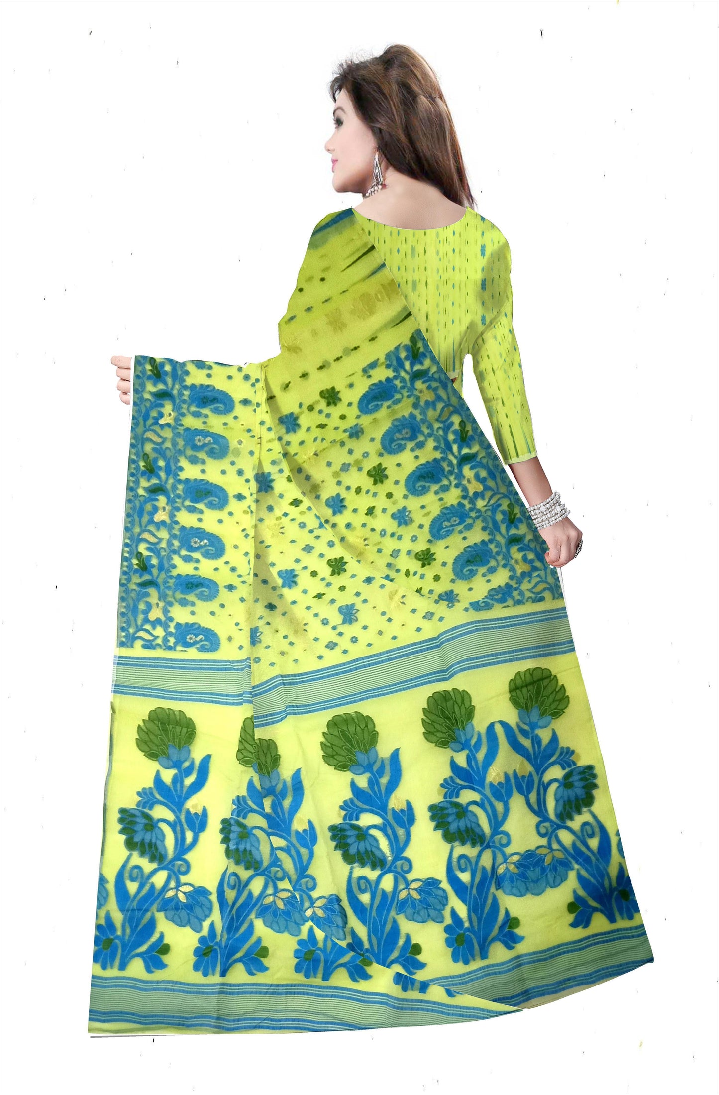 Pradip Fabrics Ethnic Woman's Tant Dhakai Jamdani Lime Yellow and Blue Color Saree